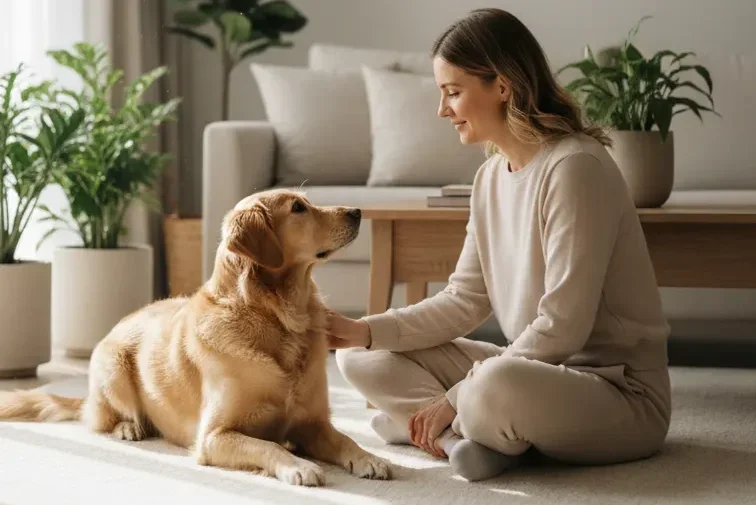 Relaxed dog and owner enjoying a peaceful walk or a calm moment together