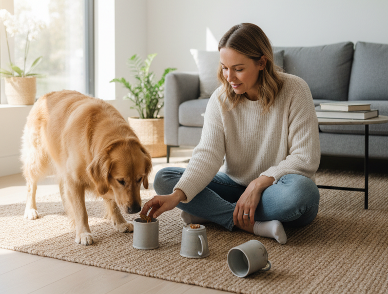 Owner doing a simple training or brain game exercise with a dog at home